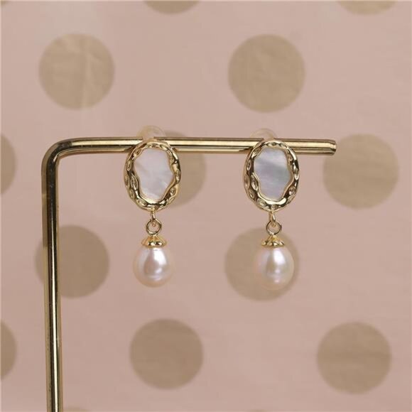 Abalone Shell & Freshwater Pearl Drop Earrings | 14K Gold Plated Hypoallergenic - Picture 7 of 8